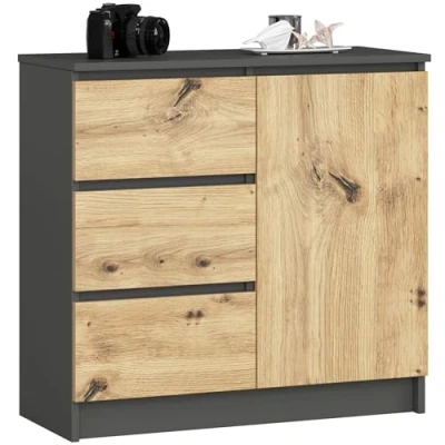 Afbeelding van AKORD K 80 JERRY Commode met 3 laden, 2 planken en 1 deur, voor woonkamer, slaapkamer, modern, gelamineerde plaat 16 mm, x 77 35 cm, grafietgrijs voorkant van ambachtelijk eikenhout