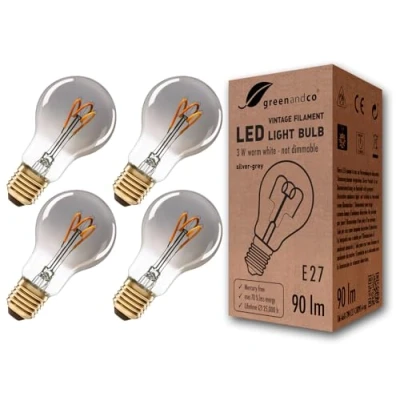 Afbeelding van 4x greenandco® Ampoule à Filament LED Vintage E27 A60 gris argent 3W 90lm 1800K (blanc chaud) 360 230V, non dimmable