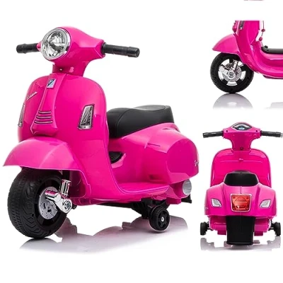 Afbeelding van Vespa Elektrische motorfiets voor kinderen met claxon, gaspedaal, verlichting, zijwielen (donkerroze)