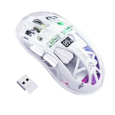 Afbeelding van FREEWOLF Draadloze gamingmuis, A2, dubbele modus, 2,4 G/Bluetooth, Rvb muis met batterijdisplay, transparante beschermhoes, Pixart 3212 4000 dpi, voor Win/Mac, ijswit