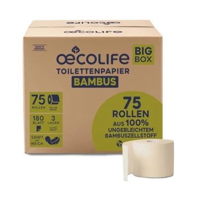 Afbeelding van oecolife Toiletpapierdoos van bamboe, 3 laags, 75 rollen à 180 vellen, superzachte verpakking, plasticvrij, veganistisch, duurzaam