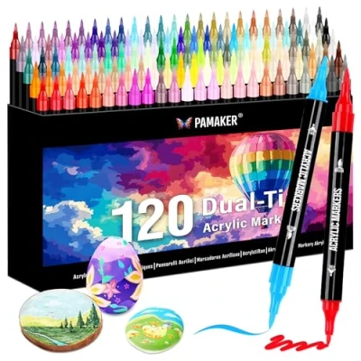 Afbeelding van Lot de 120 marqueurs acryliques avec pointe fine et pinceau pour tissu, toile, verre, bois papier Idéal les enfants adultes, dessiner bricoler