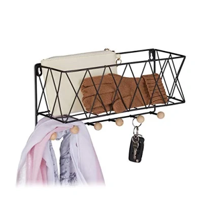 Afbeelding van Relaxdays wandrek met haken mandje hangend wandhaken zwart