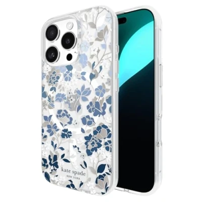 Afbeelding van KATE SPADE NEW YORK, Beschermhoesje Geschikt voor Apple iPhone 16 Pro MagSafe antimicrobieel bloembedpatroon, Wit / Blauw