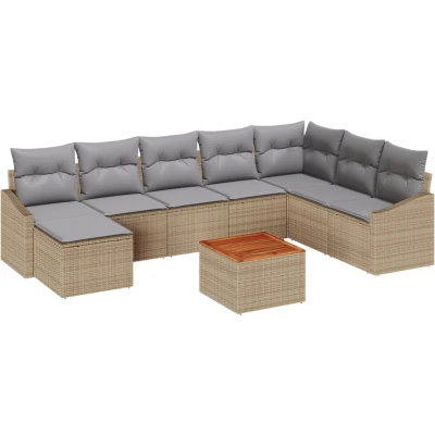Afbeelding van vidaXL 9 delige tuinbankset met kussens Beige Poly Rattan Acacia