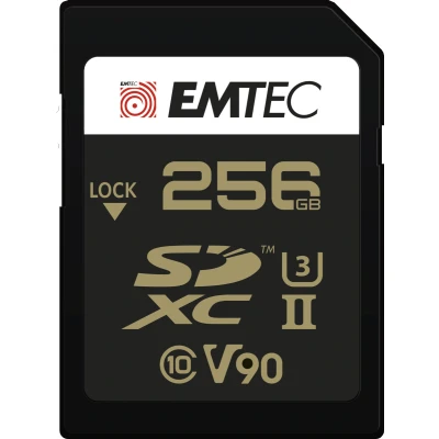 Afbeelding van EMTEC SDXC kaart UHS II U3 V90 SpeedIN Pro+ ECMSD256GUHS2V90 Geheugenkaart Foto&#039;s in Burst, Full HD, 3D, 4K, 8K UHD Opslagcapaciteit 256GB, 256GB 2 rijen pinnen op de achterkant Zwart/Goud