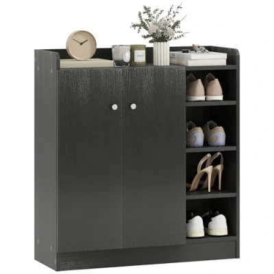 Afbeelding van HOMCOM schoenenkast voor entree, met 4 open vakken en dubbele deurkast, verstelbaar rek, 83 x 30 90 cm, zwart
