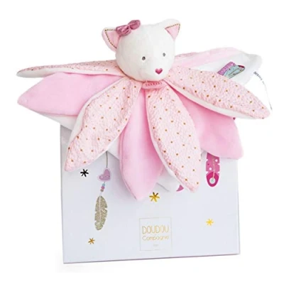 Afbeelding van Doudou et Compagnie DC3550 knuffelkat met bloemblaadjes, plat, vierkant, 26 cm, roze, dromenvanger