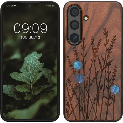 Afbeelding van kwmobile telefoonhoesje geschikt voorSamsung Galaxy S25 Hoesje met bumper hout In donkerbruin Parelmoer lavendel design