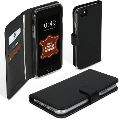 Afbeelding van Selencia Hoesje Geschikt voor iPhone SE (2022) / (2020) 8 7 6s 6 Met Pasjeshouder Echt Lederen Bookcase Zwart