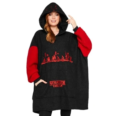 Afbeelding van Stranger Things Geruite trui voor dames, oversized fleece, sweatshirt, poncho, één maat, volwassenen, tieners, zwart.