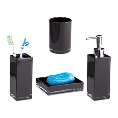 Afbeelding van Relaxdays badkameraccessoires vierdelig badkamer set modern kunststof zeeppompje zwart