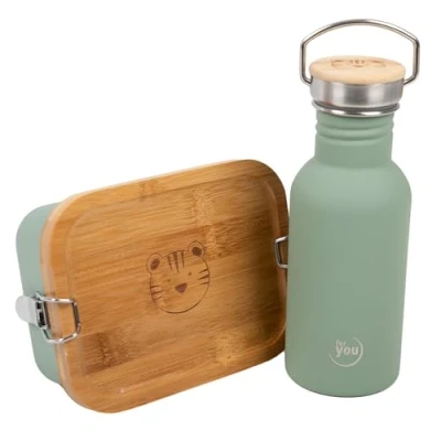 Afbeelding van Lunchset voor kinderen, met drinkfles van 500 ml en broodtrommel schuifwand, ideaal school vrije tijd (lunchset fles + doos in de kleur mint)