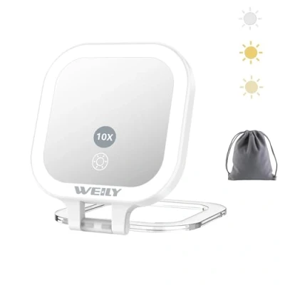 Afbeelding van WEILY Zakspiegel met verlichting, 10X/1X vergroting, reisspiegel, dubbelzijdig, 3 kleurlichten, touch bediening, draagbare oplaadbare spiegel voor slaapkamer en kamer