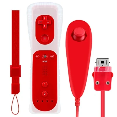 Image de OSTENT Télécommande à Capteur de Mouvement + Nunchuck Filaire pour Nintendo Wii Console (Rouge)