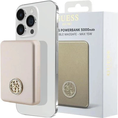 Afbeelding van Guess MagSafe 4G Strassed Metal Logo inductie powerbank 15W 5000mAh goud