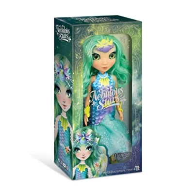 Afbeelding van Marinia Nebulous Stars pop, 38 cm lang groen haar, zeemeerminnenstaartjurk, schelphoofdtooi, sieraden en andere poppenaccessoires kinderen vanaf 3 jaar inclusief verhaal