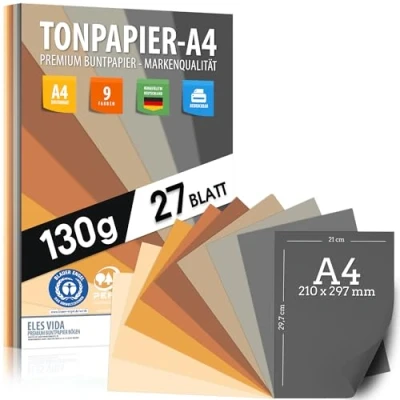 Afbeelding van 27 vellen A4 inkjetpapier, 130 g, natuurlijk, geel, zon, zand, bruin, oker, onbedrukt voor ansichtkaarten, brieven, blauwe engelen en PEFC Made in Germany