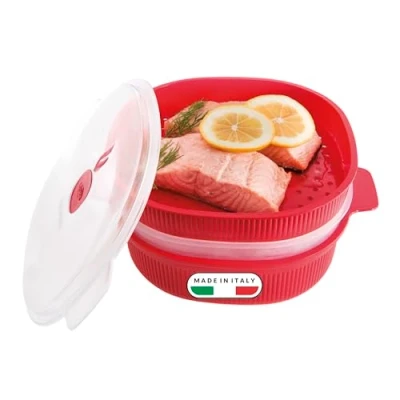 Afbeelding van Snips, Stoompan voor magnetron, 4 liter, stoomkoker met 2 dienbladen, magnetroncontainer, rood, 26,5 x 22 13,5 cm, snel stomen, gemaakt in Italië