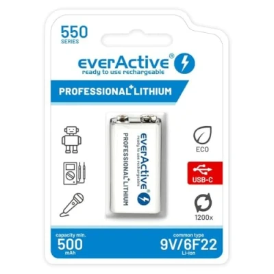 Afbeelding van everActive 6F22/9V Li ion 550 mAh battery with USB TYPE C
