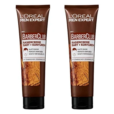 Afbeelding van Loreal Men Expert baardverzorging, scheercrème voor gladde scheerbeurt en heldere gezichtscontouren, etherische cederhoutolie, Barber Club 2 x 150 ml
