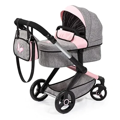 Afbeelding van Bayer Design 17033AA Xeo Combi poppenwagen met tas, jeans grijs, roze, vlinder