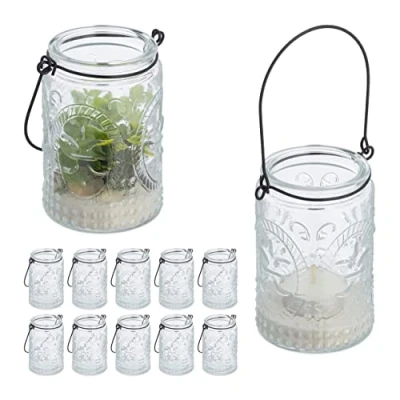 Afbeelding van Relaxdays windlicht set van 12 glazen theelichthouder vintage waxinelichthouder tuin