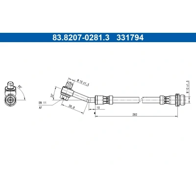 Afbeelding van ATE 83.8207 0281.3 Remslang 282mm M10x1,5mm FORD USA: Mustang Mach E EV, EV 4x4, GT 4x4 2020