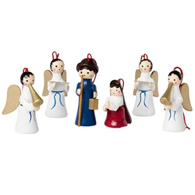 Afbeelding van Brubaker Kerstboom Decoratie Set van 6 Handbeschilderde Houten Hanger Hangend Maria en Jozef met Engelen