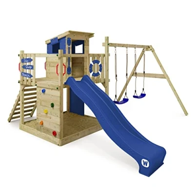 Afbeelding van WICKEY Smart Camp speelplaats van hout met schommel en blauwe glijbaan, klimtoren voor kinderen zandbak, ladder speelaccessoires de tuin.