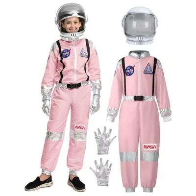 Afbeelding van Spooktacular Creations Costume d&#039;astronaute rose pour filles, combinaison spatiale à rayures argentées avec casque et gants, enfants Halloween, fête cosplay (Small