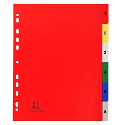 Afbeelding van Exacompta 6 tabbladen van duurzaam kunststof 1 voor DIN A4 MAXI kunststof, stuks, totale hoogte 24 x 29,7 cm, wit met kleurrijke geperforeerde tabbladen, universeel, indexpagina om zelf vorm te geven