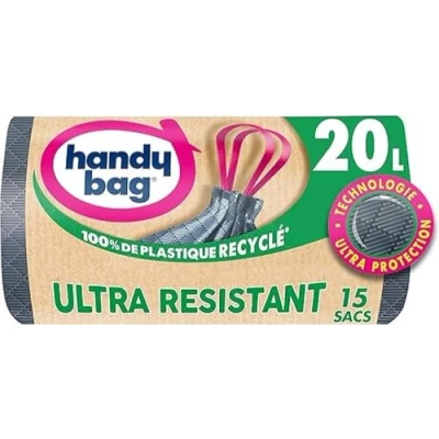 Afbeelding van Handy Bag Extra sterke vuilniszakken met schuifgrepen, 20 l x 15 zakken Ultra bescherming: inslag en drielaagse folie Lekvrije bodem Maximale waterdichtheid 100% gerecycled kunststof