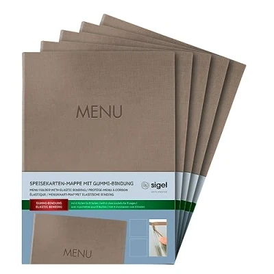 Afbeelding van SIGEL SM210/5 menumap A4, rubberen band, beige met linnenstructuur, 5 pack, duurzaam en gemakkelijk schoon te maken