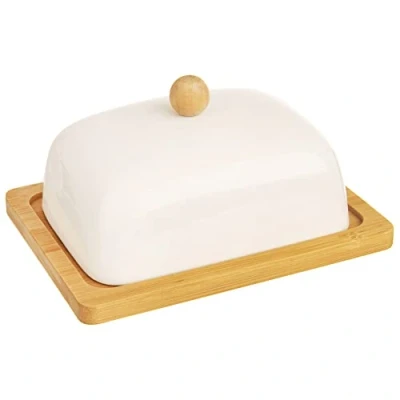 Afbeelding van Orion Group Porseleinen botervloot met deksel 16 x 13 8,5 cm Wit porselein en bamboe Milieuvriendelijke Perfecte tafel keukendecoratie