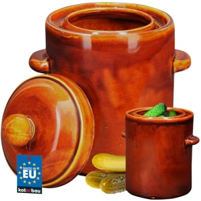 Afbeelding van KOTARBAU® Gistingspot van aardewerk, bruin, 2,5 liter, met luchtdicht deksel, voor zuurkool, komkommer, keramisch vat dakgoot