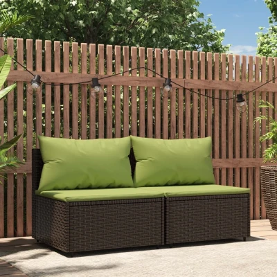 Afbeelding van Tuinmiddenbanken met kussens 2 st poly rattan bruin