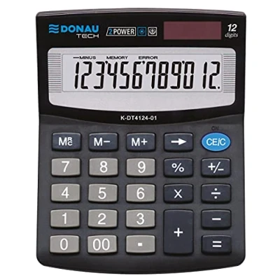 Afbeelding van DONAU TECH/K DT4124 01 12 cijferige bureaurekenmachine, wortelfunctie, 125 x 100 27 mm, kleur: zwart, rekenmachine met weergave, dual power solar, werkt op batterijen,