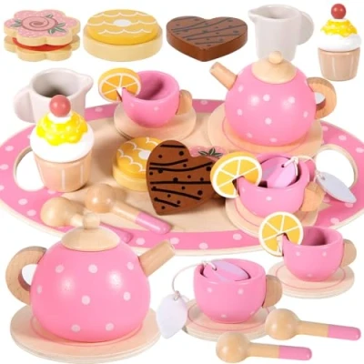 Afbeelding van ZHHGOO theeservies van hout, Montessori speelgoed, kinderdiner, accessoires voor keukenspellen, houten keukenspeelgoed kinderen, meisjes, 3, 4, 5, 6, 7 jaar, roze
