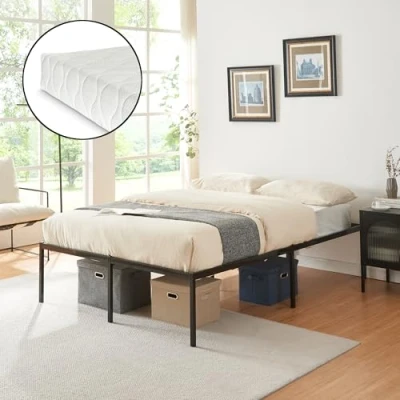 Afbeelding van Metalen bedframe Vårdö 140x200 cm met bedbodem en matras zwart [en.casa] [neu.haus]