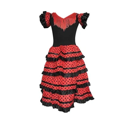Afbeelding van Spaanse Flamenco jurk Zwart/Rood Maat 116/122 (8) Verkleed kind verkleedkleding meisje
