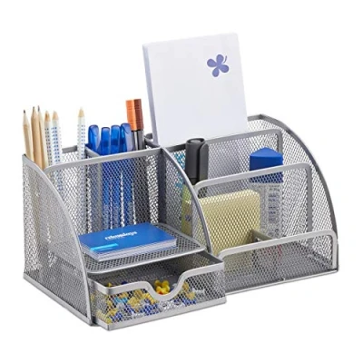 Afbeelding van Relaxdays pennenbak 6 vakken bureau organizer gaas metaal bureaustandaard Mesh zilver