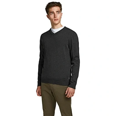 Image de JACK &amp; JONES Pull en Maille Col V, Dark Grey Melange, L