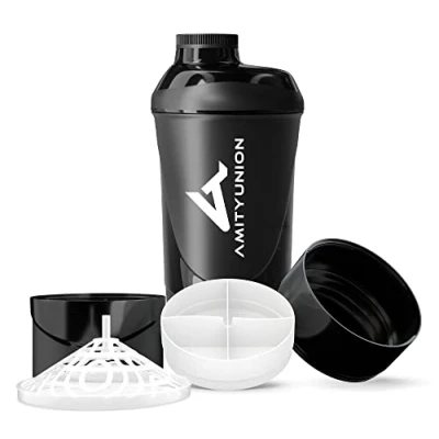 Afbeelding van AMITYUNION Eiwitshaker Deluxe 700 ml, waterdichte eiwitshaker, BPA vrij, zeef voor romige shakes met weipoeder, zwarte beker