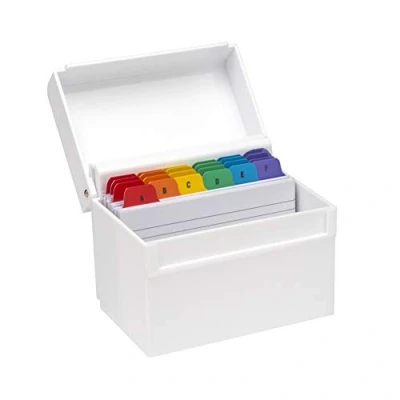 Afbeelding van OSCO Witte indexbox van glanzend kunststof, normaal, scheidingsplaten A tot Z, inclusief 100 gelinieerde kaarten (15,2 x 10,2 cm), flashkaarten voor revisie, receptennotities, classificatie