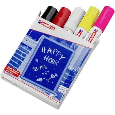 Afbeelding van edding 4090 krijtmarker diverse kleuren 5 krijtmarkers beitelvormige punt 4 15 mm krijtstift voor borden, uitwisbaar, ruiten, glas, spiegels bordstift met dekkende