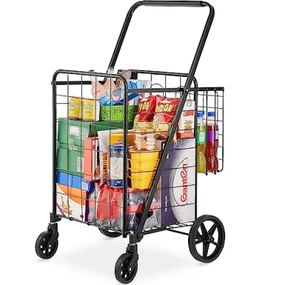 Image de VEVOR Chariot de Courses Pliable Charge 50 kg 4 Roulettes Supermarché Plus 85 L avec 2 Paniers Charrette en Fer Doublure Étanche pour Transporter Ranger Linge Épicerie