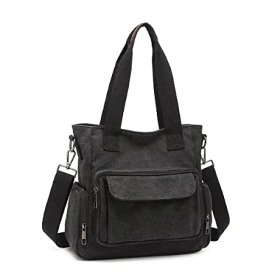 Afbeelding van Kono Canvas handtas voor dames, casual schoudertas met handvat aan de bovenkant, werk, reizen, winkelen, zwart.