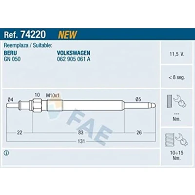 Afbeelding van FAE 74220 Gloeibougie 11,5V M10x1 VOLKSWAGEN: LT 28 35 II Minibus