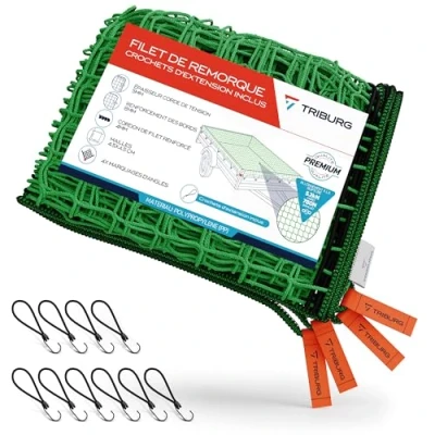Afbeelding van TRIBURG aanhangernet 2 x 4,5 m met 10 expansiehaken, hoekmarkeringen en versterkte rand rubberen spanners haken